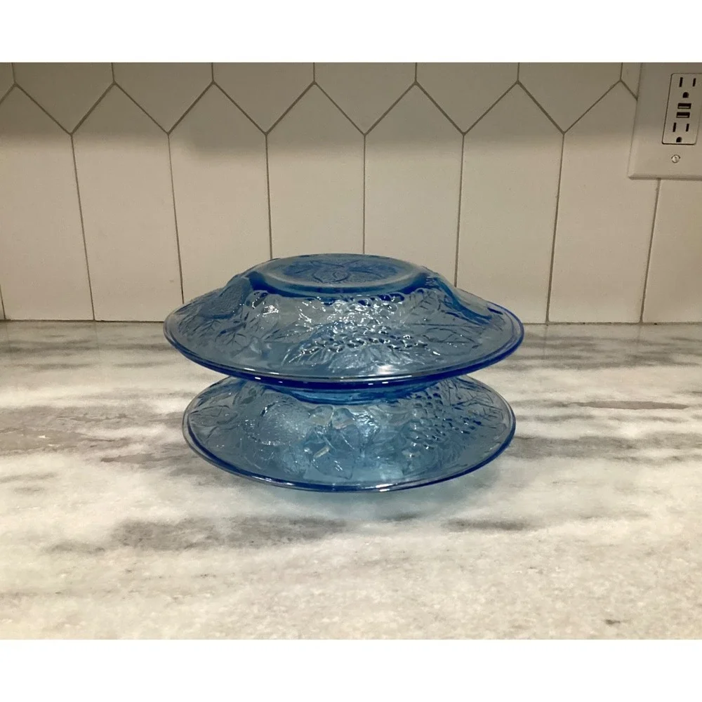 Set of 4 KIG Indonesia Poinsettia Blue Glass Plates Embossed Fruit 8.5